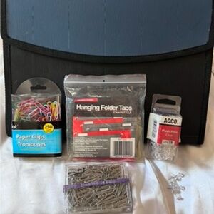 Office Supply Set Black & Blue Folder Organizer, Paper Clips, Folder Tabs, Tacks